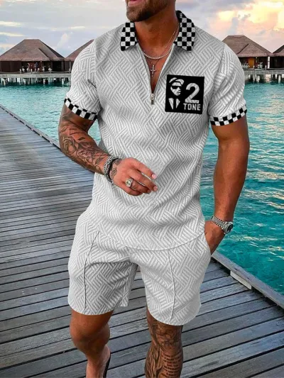 Men Fashion Casual Tiny Flower 3D Print Plus Size Short Sleeve Lapel POLO Shirt Shorts Set