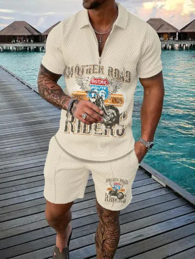 Men Fashion Casual Tiny Flower 3D Print Plus Size Short Sleeve Lapel POLO Shirt Shorts Set