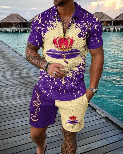 Men Fashion Casual Tiny Flower 3D Print Plus Size Short Sleeve Lapel POLO Shirt Shorts Set