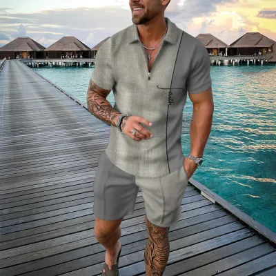 Men Fashion Casual Tiny Flower 3D Print Plus Size Short Sleeve Lapel POLO Shirt Shorts Set