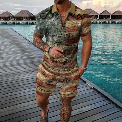 Men Fashion Casual Tiny Flower 3D Print Plus Size Short Sleeve Lapel POLO Shirt Shorts Set