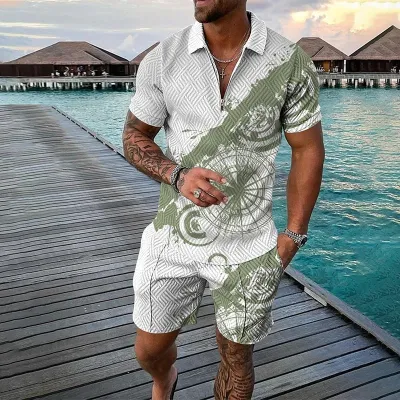Men Fashion Casual Tiny Flower 3D Print Plus Size Short Sleeve Lapel POLO Shirt Shorts Set