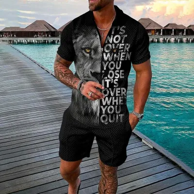 Men Fashion Casual Tiny Flower 3D Print Plus Size Short Sleeve Lapel POLO Shirt Shorts Set