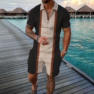 Men Fashion Casual Tiny Flower 3D Print Plus Size Short Sleeve Lapel POLO Shirt Shorts Set