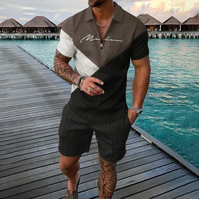 Men Fashion Casual Tiny Flower 3D Print Plus Size Short Sleeve Lapel POLO Shirt Shorts Set