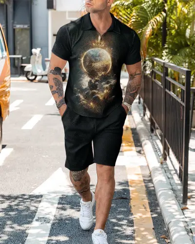 Men Fashion Casual Tiny Flower 3D Print Plus Size Short Sleeve Lapel POLO Shirt Shorts Set