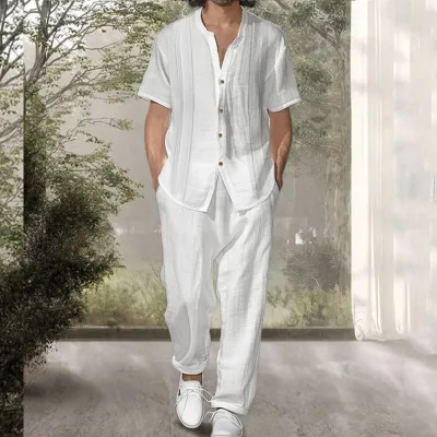 Men Fashion Casual Solid Color Stripe Short Sleeve Stand Collar Shirt Trousers Set