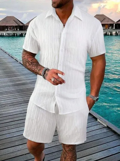 Men Casual Cotton Linen Stripe Short Sleeve Shirt Shorts Set