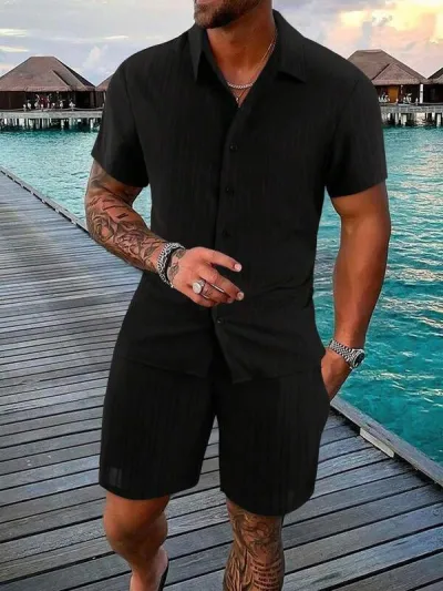 Men Casual Cotton Linen Stripe Short Sleeve Shirt Shorts Set