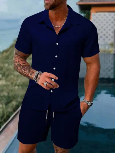 Men Casual Cotton Linen Stripe Short Sleeve Shirt Shorts Set