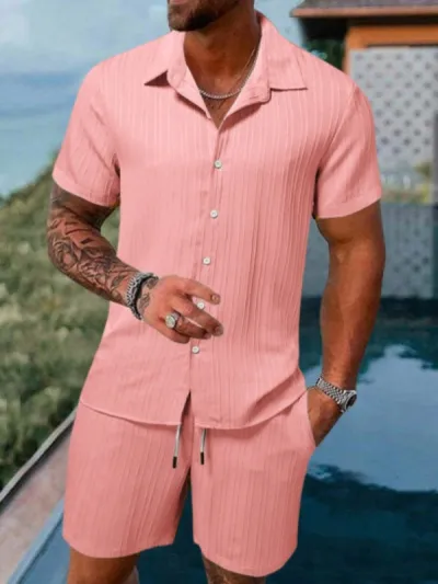 Men Casual Cotton Linen Stripe Short Sleeve Shirt Shorts Set