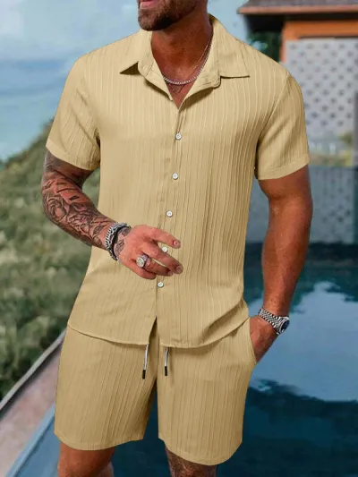 Men Casual Cotton Linen Stripe Short Sleeve Shirt Shorts Set