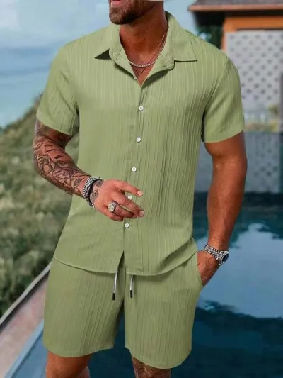 Men Casual Cotton Linen Stripe Short Sleeve Shirt Shorts Set