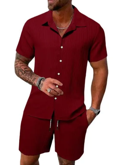Men Casual Cotton Linen Stripe Short Sleeve Shirt Shorts Set