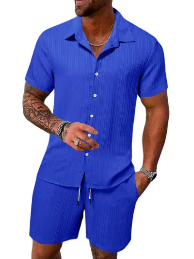 Men Casual Cotton Linen Stripe Short Sleeve Shirt Shorts Set