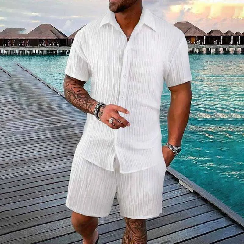 Men Casual Cotton Linen Stripe Short Sleeve Shirt Shorts Set