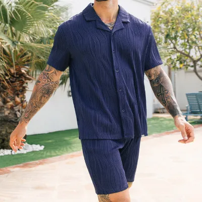 Men Fashion Casual Solid Color Stripe Short Sleeve Lapel Shirt Shorts Set