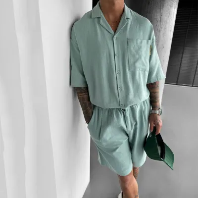 Men Fashion Casual Solid Color Short Sleeve Lapel Shirt Shorts Set