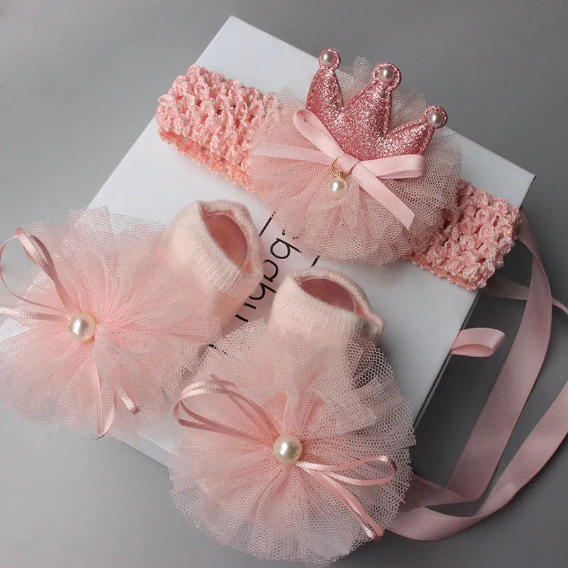 Newborn Casual Cute Crown Flower Mesh Hair Band and Socks Set for Girls