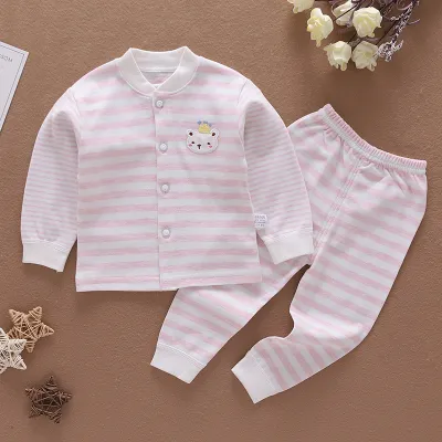 Kids Baby Boys Girls Casual Cute Cartoon Stripe Print Long Sleeve Top Trousers Set