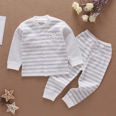 Kids Baby Boys Girls Casual Cute Cartoon Stripe Print Long Sleeve Top Trousers Set