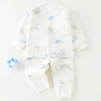 Kids Baby Boys Girls Casual Cute Cartoon Print Long Sleeve Top Trousers Set Combed Cotton Thickening Square Collar Neutral