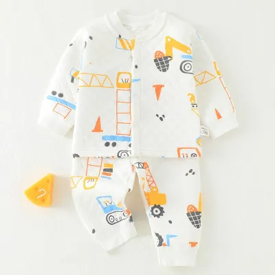 Kids Baby Boys Girls Casual Cute Cartoon Print Long Sleeve Top Trousers Set Combed Cotton Thickening Square Collar Neutral
