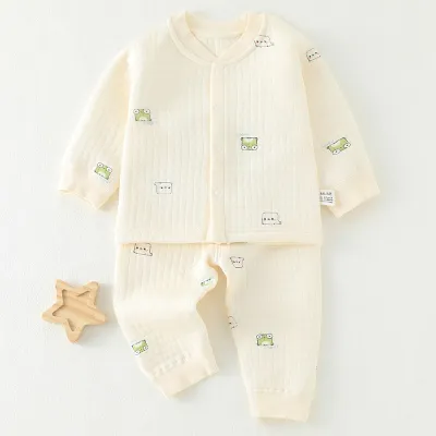 Kids Baby Boys Girls Casual Cute Cartoon Print Long Sleeve Top Trousers Set Combed Cotton Thickening Square Collar Neutral