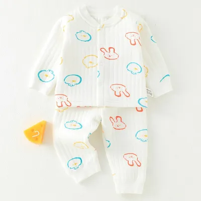 Kids Baby Boys Girls Casual Cute Cartoon Print Long Sleeve Top Trousers Set Combed Cotton Thickening Square Collar Neutral