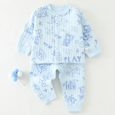 Kids Baby Boys Girls Casual Cute Cartoon Print Long Sleeve Top Trousers Set Combed Cotton Thickening Square Collar Neutral