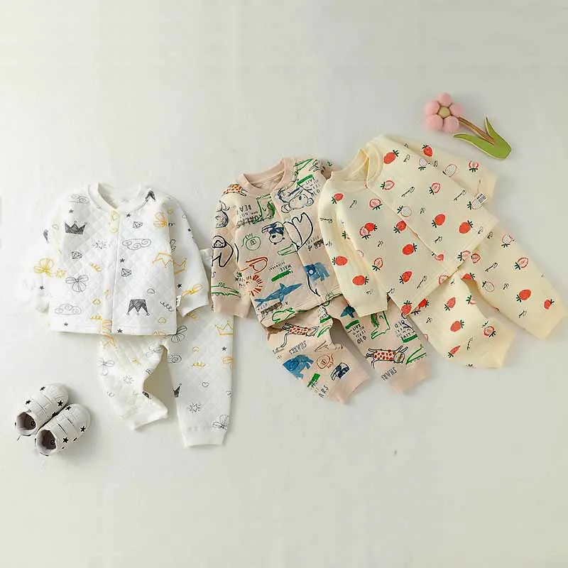 Kids Baby Boys Girls Casual Cute Cartoon Print Long Sleeve Top Trousers Set Combed Cotton Thickening Square Collar Neutral