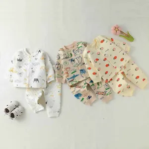 Kids Baby Boys Girls Casual Cute Cartoon Print Long Sleeve Top Trousers Set Combed Cotton Thickening Square Collar Neutral
