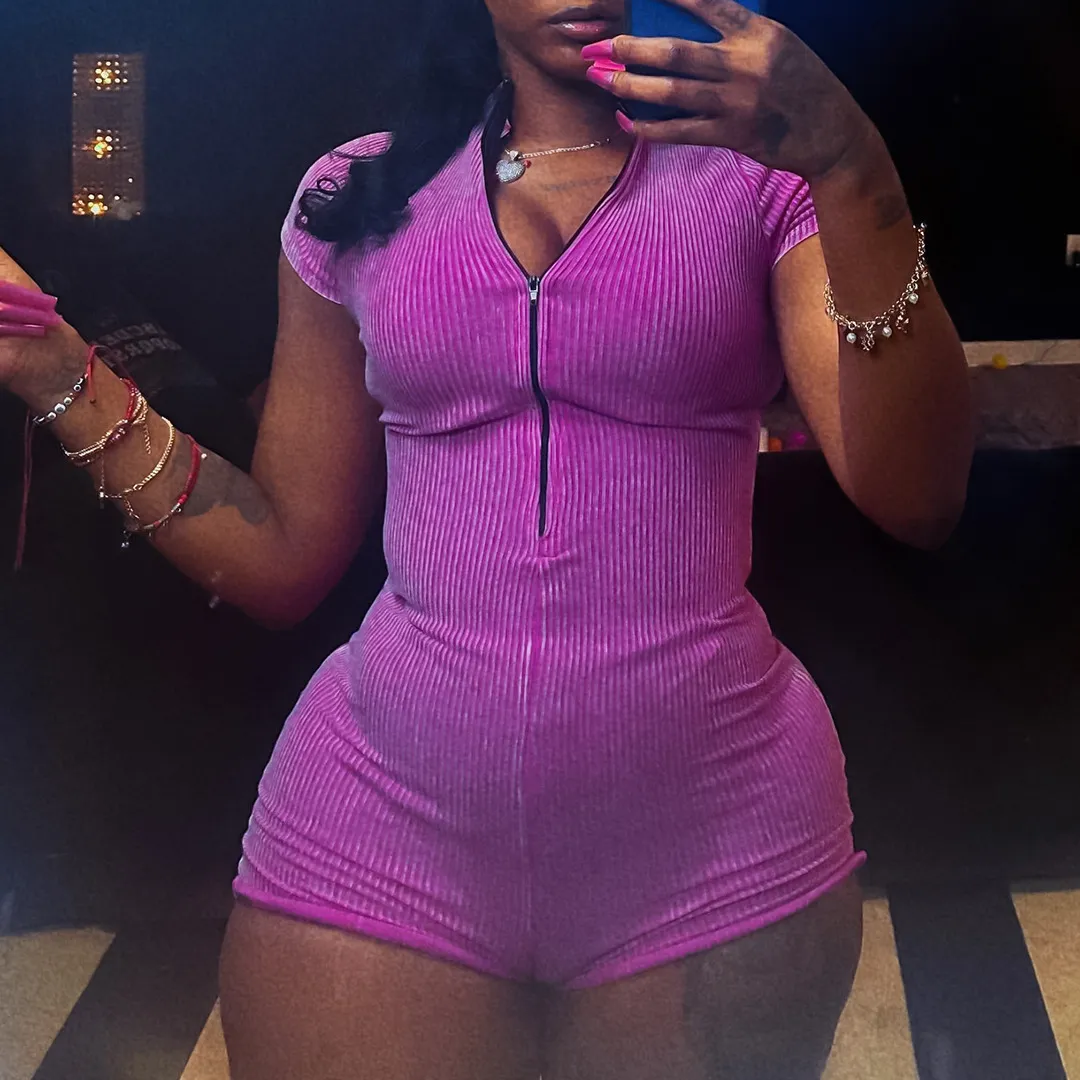 Summer Women's Tight Zipper Rompers - Nostalgic Style Polyester Short Sleeve