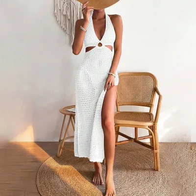 Summer Women Fashion Sexy Halter Neck Knitted Hollow Out Bikini Swimwear Sun Protection Cover-Up