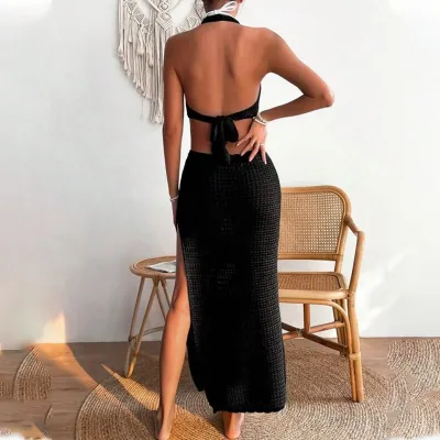 Summer Women Fashion Sexy Halter Neck Knitted Hollow Out Bikini Swimwear Sun Protection Cover-Up