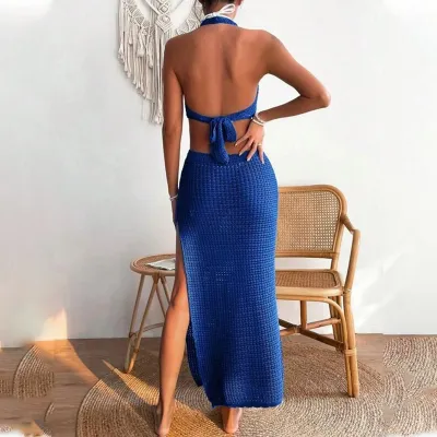 Summer Women Fashion Sexy Halter Neck Knitted Hollow Out Bikini Swimwear Sun Protection Cover-Up