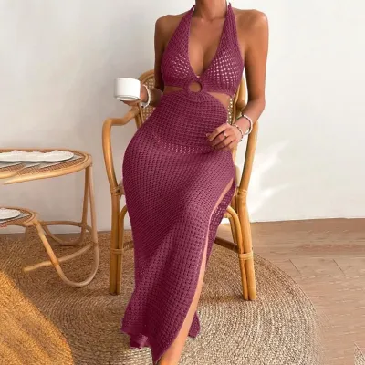 Summer Women Fashion Sexy Halter Neck Knitted Hollow Out Bikini Swimwear Sun Protection Cover-Up