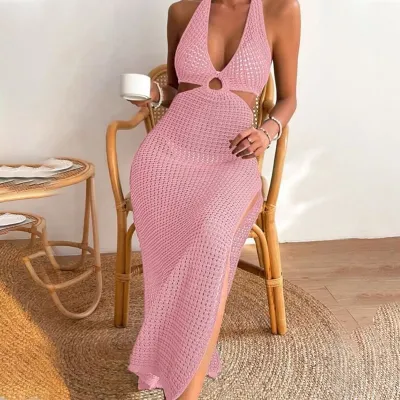 Summer Women Fashion Sexy Halter Neck Knitted Hollow Out Bikini Swimwear Sun Protection Cover-Up