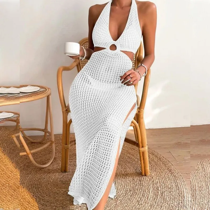 Summer Women Fashion Sexy Halter Neck Knitted Hollow Out Bikini Swimwear Sun Protection Cover-Up
