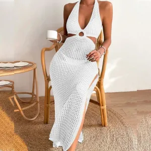 Summer Women Fashion Sexy Halter Neck Knitted Hollow Out Bikini Swimwear Sun Protection Cover-Up