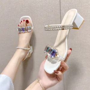 Women's Summer Fashion Rhinestone Square Toe Chunky Heel Sandals Slippers