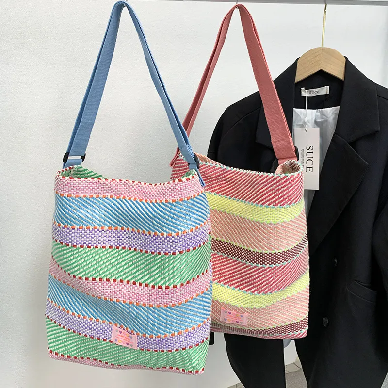 Women Fashion Creative Color Block Stripe Straw Woven Shoulder Tote Bag