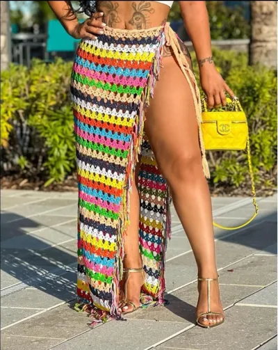 Women Casual Handmade Woven Rainbow Stripe Tassel Strap Split Skirt
