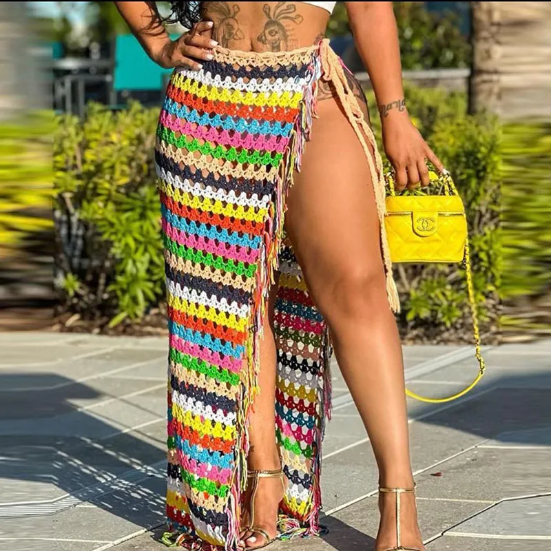 Women Casual Handmade Woven Rainbow Stripe Tassel Strap Split Skirt