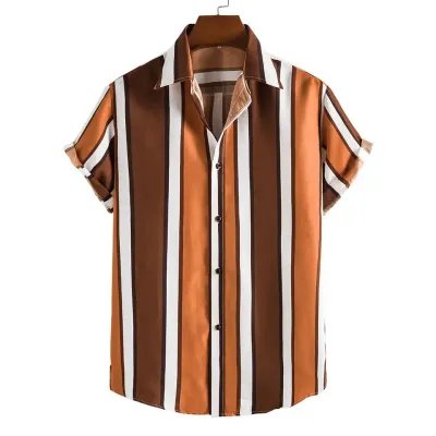 Custom Men Casual Stripe Print Short Sleeve Bowling Shirt