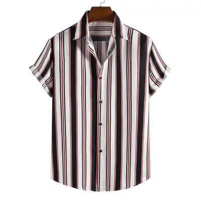 Custom Men Casual Stripe Print Short Sleeve Bowling Shirt