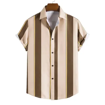 Custom Men Casual Stripe Print Short Sleeve Bowling Shirt