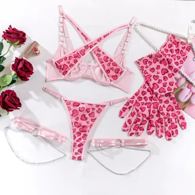 Women Sexy Leopard Print Metal Chain Mesh Lingerie Set