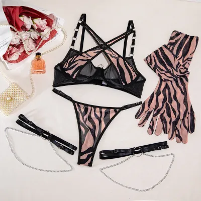 Women Sexy Leopard Print Metal Chain Mesh Lingerie Set
