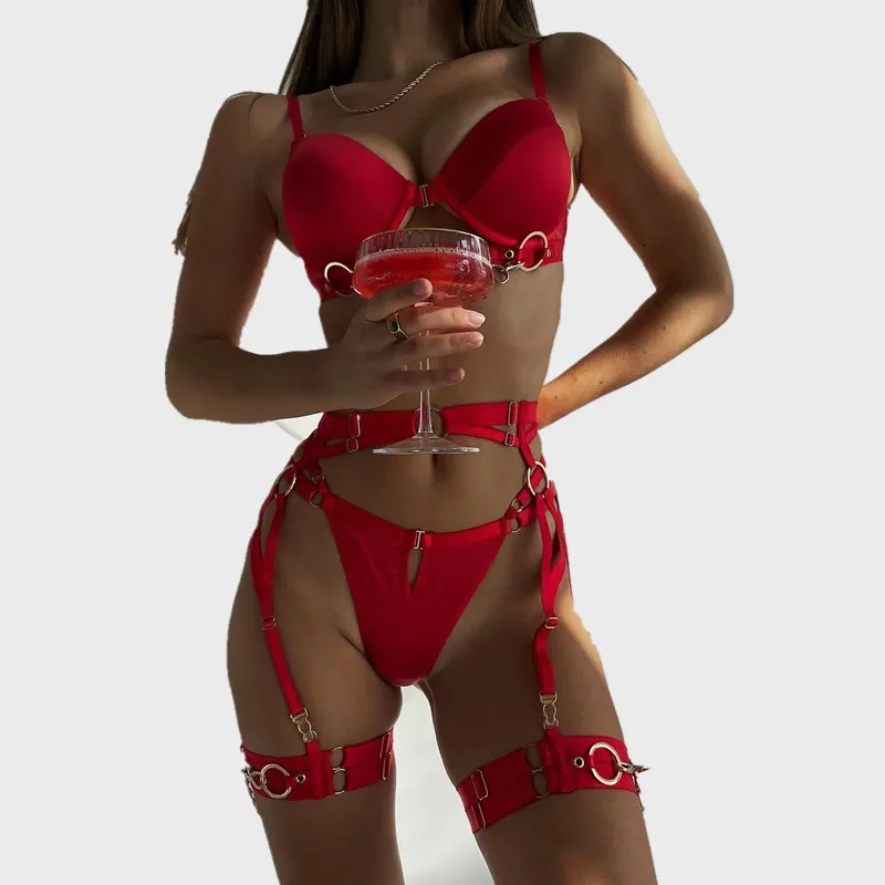 Women Sexy Solid Color Metal Chain Lingerie Four-Piece Set
